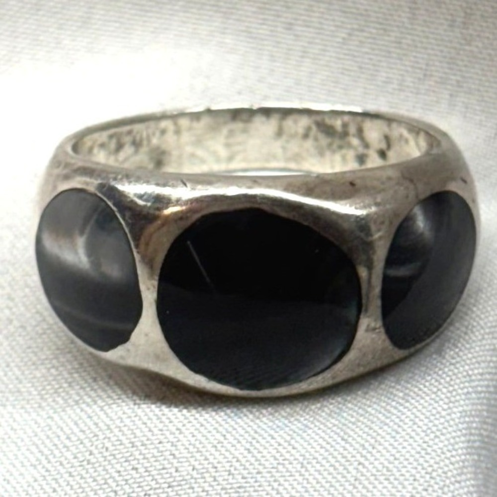 Black Banded Agate Ring Mens Size 8.5 Silver Good 925 Sterling Triple Stone Band
